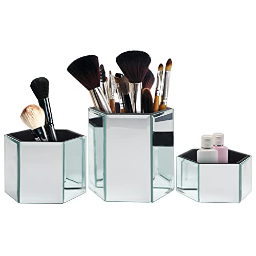 Kurtzy 3-er Set Make Up Pinsel Behälter Sechseckig Verspiegelt – Pinselhalter Silber Klein, Mittel & Groß – Verspiegelte Deko Make Up Behälter für Schminktisch, Organizer, Stiftehalter Schreibtisch von Kurtzy