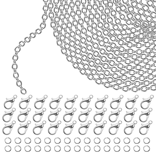 Kurtzy Silberne Kette zum Ketten Selber Machen - 10m x 2,5mm Eisen Gliederkette Silber, 30 Karabinerhaken & 30 Geteilte Sprungringe - DIY Ketten, Armbänder & Schmuck Herstellen für Männer & Frauen von Kurtzy