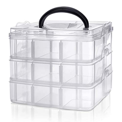 Kurtzy Sortierbox groß 3 Etagen - Aufbewahrungsbox Bastelbox - Bastel Aufbewahrung - Bügelperlen Box stapelbar mit Henkel - 18 Fächer Perlen Box - Transparente Sortierboxen von BELLE VOUS