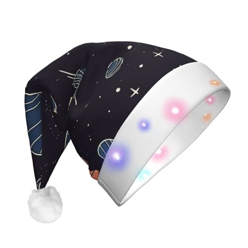 Kururi Weltraum-Planeten-Muster-Druck-Weihnachtsmütze, lustige Weihnachtsmannmütze, beleuchtet, für Erwachsene, Weihnachts-Partyzubehör von Kururi