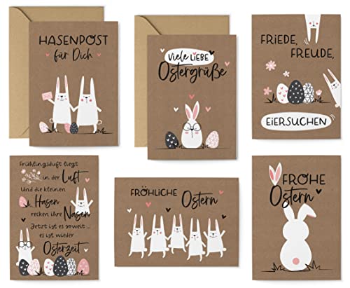 KuschelICH Osterkarten-Set 16 Teile - 8 Postkarten, 4 Klappkarten, 4 Kraftpapierumschläge - 6 unterschiedliche Motive je 2 Stück von KuschelICH