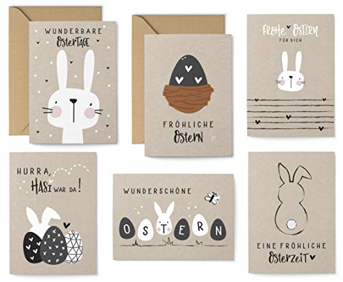 KuschelICH Osterkarten-Set 16 Teile - 8 Postkarten, 4 Klappkarten, 4 Kraftpapierumschläge - 6 unterschiedliche Motive je 2 Stück (Kraft) von KuschelICH