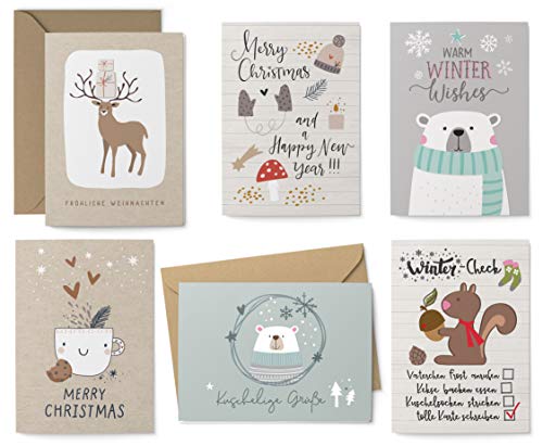KuschelICH 12er Weihnachtskarten Set - 8 Postkarten, 4 Klappkarten mit Umschlag - Recycling Grußkarten und Briefumschläge (Hygge) von KuschelICH