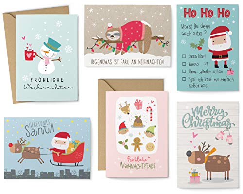 KuschelICH 12er Weihnachtskarten Set - 8 Postkarten, 4 Klappkarten mit Umschlag - Grußkarten 6 unterschiedliche Weihnachtsmotive je 2 Stück (Kids) von KuschelICH