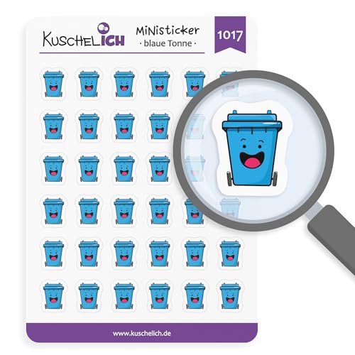 KuschelICH Miniaufkleber Blaue Tonne – Müll-Aufkleber für Kalender & Bullet Journal – 36 Sticker – Altpapier, beschreibbar (Blau) von KuschelICH