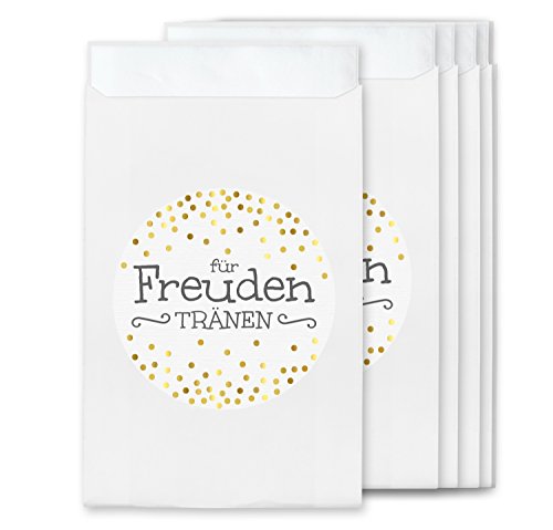 KuschelICH Premium Freudentränen Tüten - weiße Flachbeutel & Sticker aus Strukturpapier mit Blattgoldoptik - Hülle für Hochzeit Taschentücher (50 Stk.) von KuschelICH