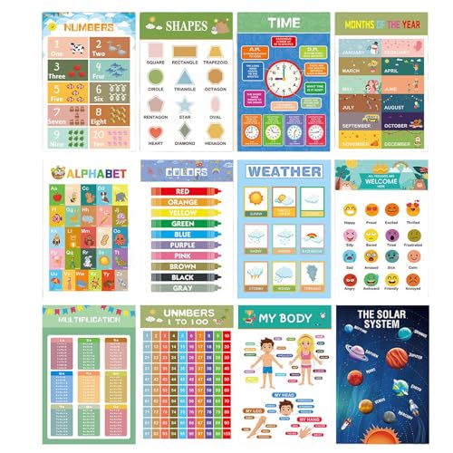 Kustimantu Lernposter | Wanddekoration für Klasse und Spielzimmer – Buchstaben Zahlen Stunden 12 Stück Tafeln für Haus Schule Entwicklung Fähigkeiten von Kustimantu