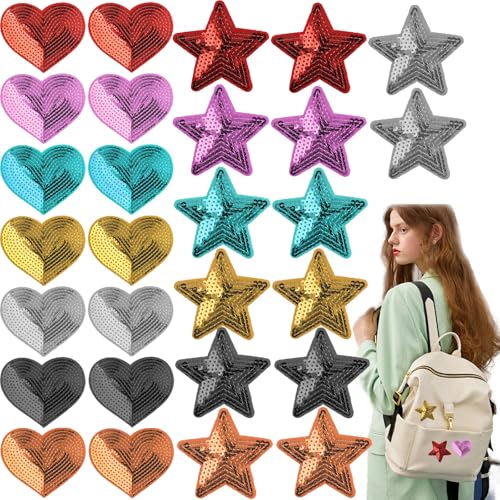 28 Stück Herz-Pailletten-Aufnäher, bunt, Fünf-Horn-Stern-Applikation, bestickt, niedlicher Aufnäher für Kleider, Jeans, Taschen, Jacken, Jeans, DIY-Rucksack, Schuhe, Ohrringe, Zubehör 28 Stück Herz-Pailletten-Aufnäher, bunt, Fünf-Horn-Stern-Applikation, bestickt, niedlicher Aufnäher für Kleider, Jeans, Taschen, Jacken, Jeans, DIY-Rucksack, Schuhe, Ohrringe, Zubehör von KuuGuu