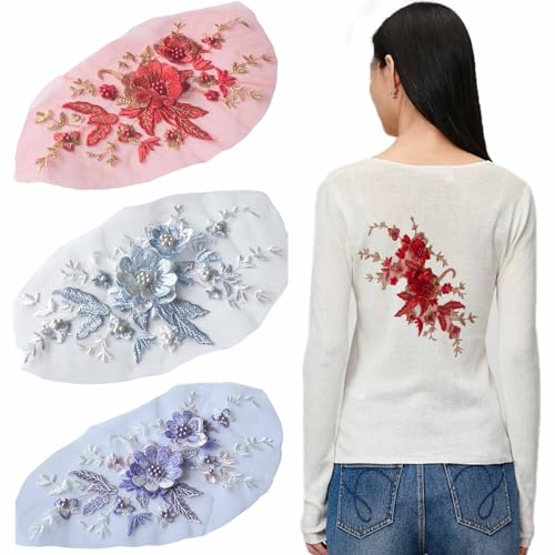 KuuGuu 3 Stück 3D-Blumenaufnäher, bestickt, Perlen, Blume, Spitze, Applikation, groß, Retro, dekorative Applikation, Nähflicken, Zubehör für DIY-Kleidung, Taschen, Jacken, Jeans, Tischdecke von KuuGuu