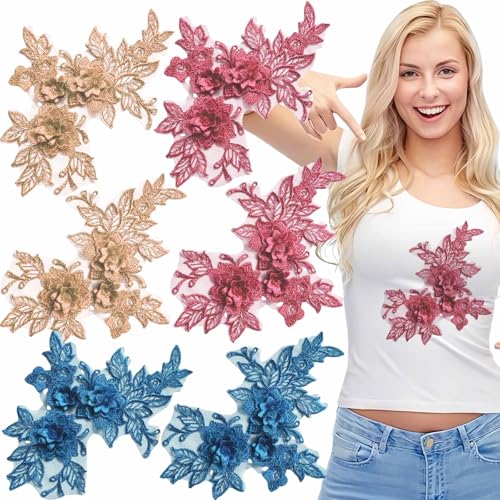 KuuGuu 6 Stück 3D-Blumenaufnäher, bestickt, große Blume, Spitze, Applikation, Retro-Mode, dekorative Applikation, Nähflicken, Zubehör für DIY-Kleidung, Taschen, Jacken, Jeans, Tischdecke, Leinentasche von KuuGuu