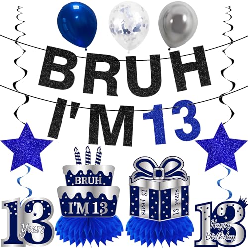 Kuxriox 11 Stück 13. Geburtstag Dekorationen für Jungen und Männer, Blau Silber Happy 13th Birthday Banner, Bruh I'm 13 Luftballons Mittelstücke Wirbel Partyzubehör Dreizehn Geburtstag Banner Decke Kuxriox 11 Stück 13. Geburtstag Dekorationen für Jungen und Männer, Blau Silber Happy 13th Birthday Banner, Bruh I'm 13 Luftballons Mittelstücke Wirbel Partyzubehör Dreizehn Geburtstag Banner Decke von Kuxriox