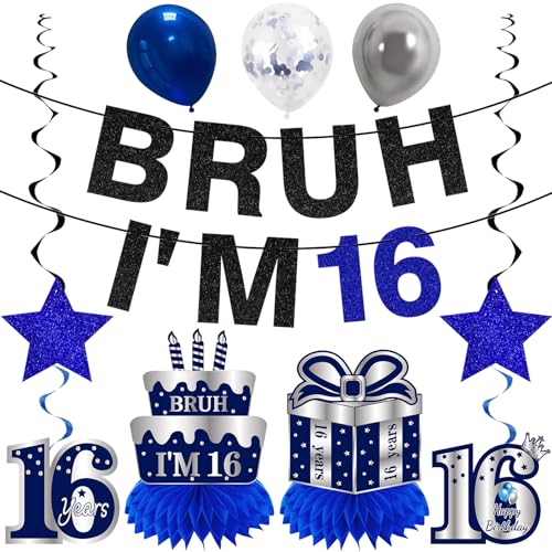 Kuxriox 11 Stück 16. Geburtstag Dekorationen für Jungen und Männer, Blau Silber Happy 16th Birthday Banner, Bruh I'm 16 Luftballons Mittelstücke Wirbel Partyzubehör 16 Geburtstag Banner Decke Kuxriox 11 Stück 16. Geburtstag Dekorationen für Jungen und Männer, Blau Silber Happy 16th Birthday Banner, Bruh I'm 16 Luftballons Mittelstücke Wirbel Partyzubehör 16 Geburtstag Banner Decke von Kuxriox