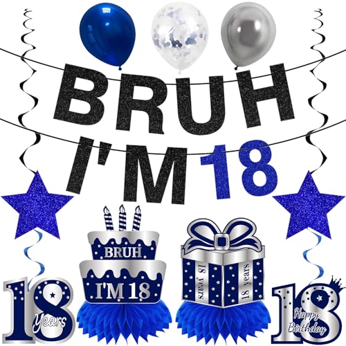 Kuxriox 11 Stück 18. Geburtstag Dekorationen für Jungen und Männer, Blau Silber Happy 18th Birthday Banner, Bruh I'm 18 Luftballons, Tafelaufsätze, Wirbel, Partyzubehör, Achtzehn Geburtstag Banner Kuxriox 11 Stück 18. Geburtstag Dekorationen für Jungen und Männer, Blau Silber Happy 18th Birthday Banner, Bruh I'm 18 Luftballons, Tafelaufsätze, Wirbel, Partyzubehör, Achtzehn Geburtstag Banner von Kuxriox