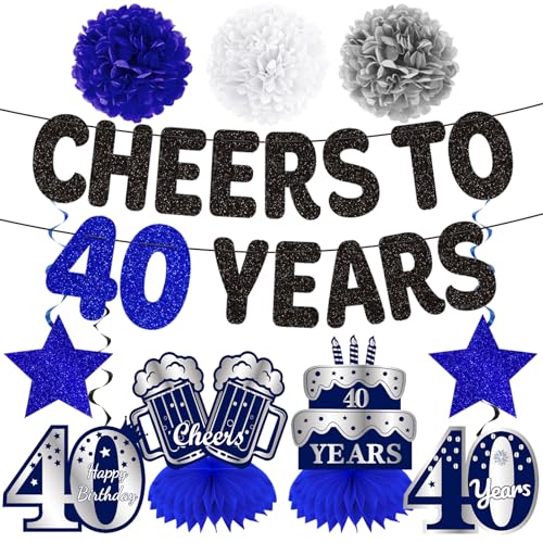 Kuxriox 11 Stück 40. Geburtstag Dekorationen für Männer, Blau Silber Happy 40th Birthday Banner, Cheers to 40 Years Paper Poms Mittelstücke Wirbel Partyzubehör, Vierzig Bday Banner Deckentischaufsatz Kuxriox 11 Stück 40. Geburtstag Dekorationen für Männer, Blau Silber Happy 40th Birthday Banner, Cheers to 40 Years Paper Poms Mittelstücke Wirbel Partyzubehör, Vierzig Bday Banner Deckentischaufsatz von Kuxriox