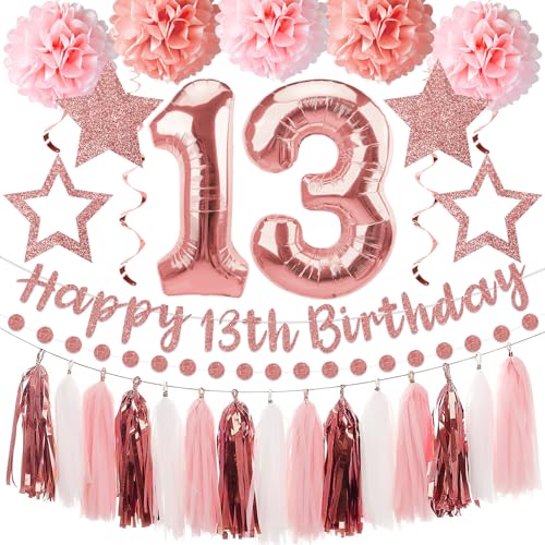 Kuxriox 13 Stück Happy 13th Birthday Dekorationen für Mädchen, Rosa Rose Gold 13. Geburtstag Banner und Luftballons, glitzernde 13 Jahre alte Bday Tissue Pompons, Kreise Punkte Girlande, Quaste Kuxriox 13 Stück Happy 13th Birthday Dekorationen für Mädchen, Rosa Rose Gold 13. Geburtstag Banner und Luftballons, glitzernde 13 Jahre alte Bday Tissue Pompons, Kreise Punkte Girlande, Quaste von Kuxriox
