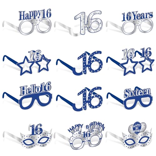 Kuxriox 24 blaue Brillen zum 16. Geburtstag, Dekorationen für Männer und Jungen, blau-silberfarbene Papierbrillen zum 16. Geburtstag, Partyzubehör, Happy Sixteen Year Old Bday Brillen-Dekor Kuxriox 24 blaue Brillen zum 16. Geburtstag, Dekorationen für Männer und Jungen, blau-silberfarbene Papierbrillen zum 16. Geburtstag, Partyzubehör, Happy Sixteen Year Old Bday Brillen-Dekor von Kuxriox