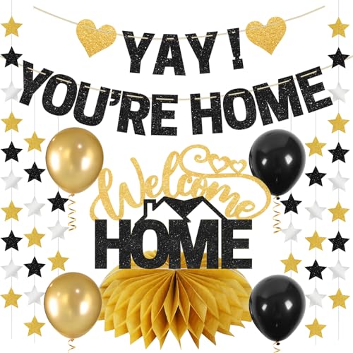 Kuxriox Welcome Home Banner Dekorationen für Männer Frauen, Schwarz Gold Glitzer Banner für Militär Armee Rückkehr Willkommen Zuhause Luftballons Hängende Schild Party Supplies Military Army von Kuxriox