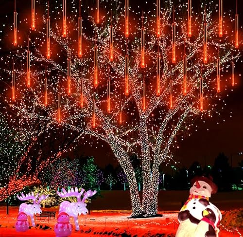 Kwaiffeo Halloween Deko Outdoor,20 Röhren LED Meteorschauer Lichterkette Außen, Wasserdichte Fallende Regen Lichter für Weihnachten Halloween Garten Fenster, Orange von Kwaiffeo