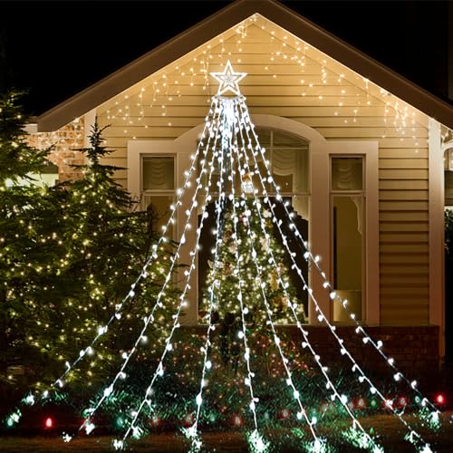 Kwaiffeo Weihnachtsbeleuchtung Außen: 3.5M Wasserfalllichter mit Stern - IP44 Wasserdicht weihnachtsdeko outdoor mit 8 Modi für Garten Terrasse Balkon Hochzeit Party Fenster, Weiß von Kwaiffeo