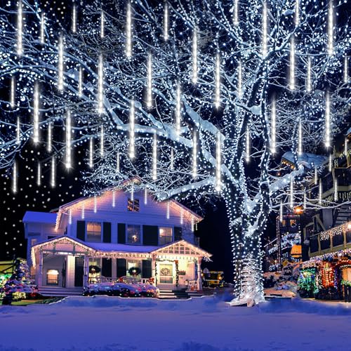 Kwaiffeo Weihnachtsbeleuchtung Außen, 20 Röhren Meteorschauer Lichterkette, Wasserdichte Fallende Regen Lichter für Weihnachten Halloween Weihnachtsbaum Hochzeit Fenster, Weihnachtsdeko Aussen,Weiß von Kwaiffeo