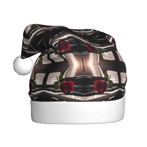 Kycvds Weihnachtsmütze mit roter Rose auf Klavier, für Erwachsene, Unisex, Samt, Komfort, extra dick, für Neujahr von Kycvds