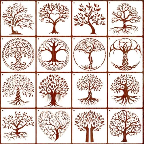 KyeeaDIY 16 Stück Baum Schablonen Zeichnung Malerei Vorlagen Wiederverwendbar Kunststoff Schablonen Kinder Malschablonen Waschbar für DIY Scrapbooking Handwerk Home Dekoration von KyeeaDIY