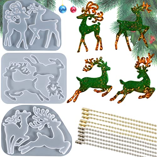 KyeeaDIY 3Pcs Resin Mold Elch Silikonformen Epoxidharz mit 20Pcs Ketten, Hirsch Silikonform Gießen für Weihnachtsanhänger Resin Epoxy Weihnachtsform DIY Elchgeweih Schlüsselanhänger Hängende Dekor von KyeeaDIY