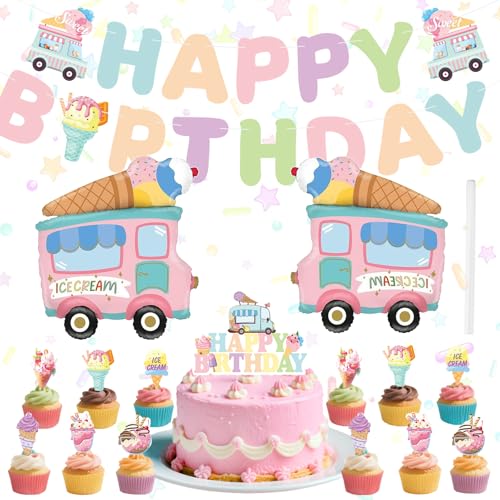 Eiscreme-Geburtstagsdekorationen, niedliche Themenparty-Dekoration mit "Happy Birthday"-Banner, Mylar-Folienballon, Kuchendekoration, Foto-Requisite, Strohhalm, buntes Partyzubehör für Kinder von Kyndara