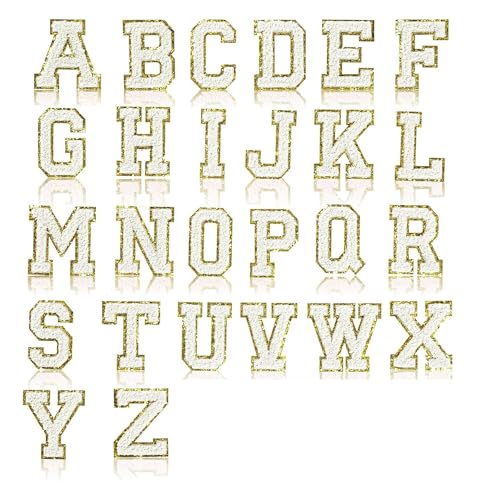 Kznifmk 26 Stück Buchstaben-Patches aus Chenille, selbstklebend, für Universitäten, Pailletten, Eisen, Alphabet, Weiß von Kznifmk