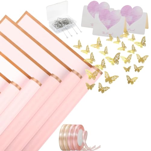 Kznifmk 40 Blatt Blumen-Verpackungspapier mit 4 Rollen Blumenbändern, 20 Karten, 36 goldene Schmetterlinge, Rosa Kznifmk 40 Blatt Blumen-Verpackungspapier mit 4 Rollen Blumenbändern, 20 Karten, 36 goldene Schmetterlinge, Rosa von Kznifmk