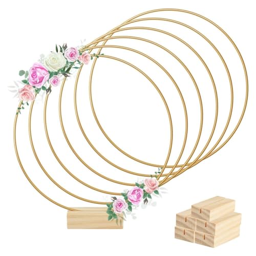 Kznifmk 6 Stück à 20,3 cm aus Metall mit Blumenringen, Streifen in der Mitte des Tisches, 6 Halterungen aus Holz für Tischdekoration, dekoratives Basteln zum Aufhängen an der Wand von Kznifmk