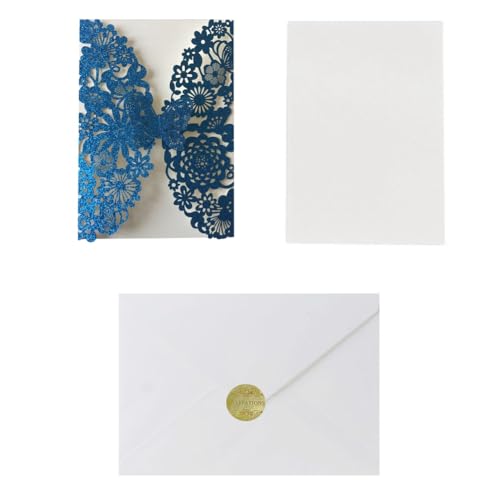 Kznifmk Quinceanera Einladungskarten aus Spitze, Schmetterlings-Hochzeitseinladungskarten + Umschläge (blauer Glitzer) von Kznifmk