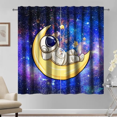 Kzzfqxb 107x160cm Kindervorhänge 2 Paneele, Lila Blaues Universum Astronaut Schlaf im Mond, Süße Verträumte Vorhänge für Kinder Jungen Mädchen Schlafzimmer Kinderzimmer Wohnzimmer von Kzzfqxb