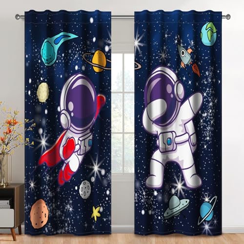 Kzzfqxb 107x160cm Kindervorhänge 2 Paneele, Schwarze Sternen Universum Astronauten Vorhänge, Lustige Fantasie Dekor für Kinder Jungen Mädchen Schlafzimmer Kinderzimmer Wohnzimmer von Kzzfqxb