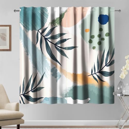 Kzzfqxb 107×160cm Moderne Malerei Vorhänge, Graffiti Gouache Ocker Grün Gemeinschaftsfarbe Weidenblätter Retro Drape Vorhänge 2 Paneele, Fenstervorhänge für Schlafzimmer Wohnzimmer von Kzzfqxb