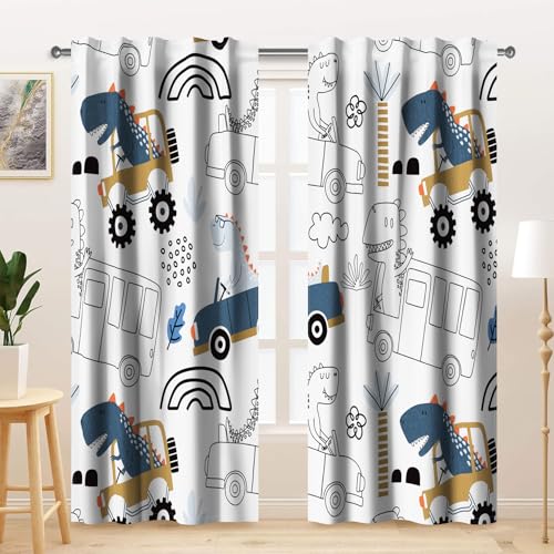 Kzzfqxb 107x215cm Kindervorhänge 2 Paneele, Glücklich Lächelnde Dinosaurier Fahren Oldtimer Bus Cabrios, Karikatur Dekor für Kinder Jungen Schlafzimmer Kinderzimmer Wohnzimmer von Kzzfqxb