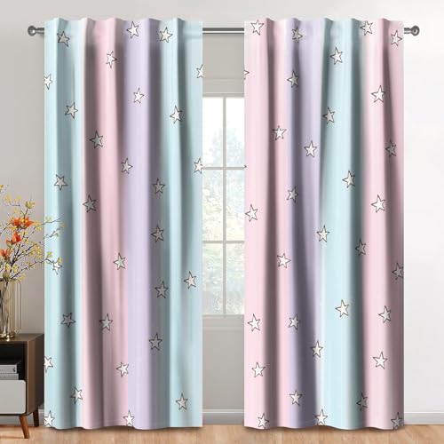 Kzzfqxb 117x138cm, Vorhänge mit Regenbogensternen 2 Paneele, blau rosa lila Verbindungsfarbe Elegante für Mädchenschlafzimmer und Wohnzimmer Dekor von Kzzfqxb