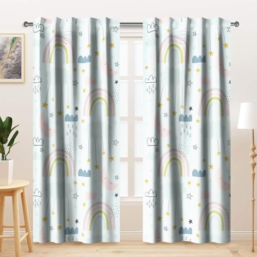 Kzzfqxb 117x138cm Kinder vorhänge 2 Paneele, Regenbogen nach Regenwolken Mondsterne Karikatur Verdunkelungsvorhänge, Hellblau Rosa Dekor für Kinder Mädchenschlaf Zimmer, Kinderzimmer, Wohnzimmer von Kzzfqxb