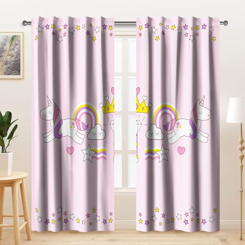 Kzzfqxb 117x138cm Kinder vorhänge 2 Paneele, rosa Sterne symmetrische Regenbogenkrone, Wolken Zauberstab Cartoon-Druck, für Mädchen, Kinder, Babyzimmer, Kinderzimmer von Kzzfqxb