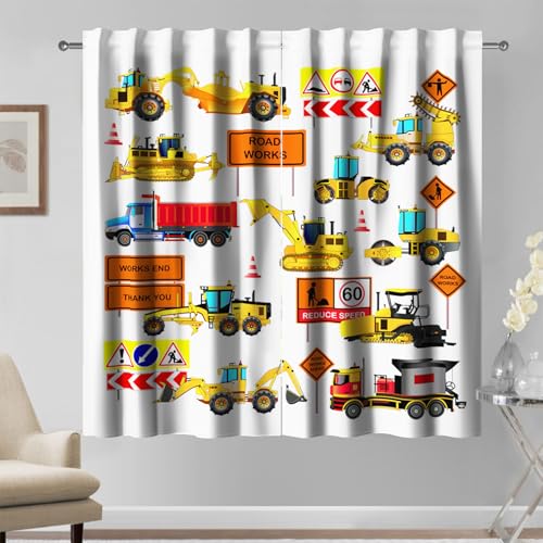Kzzfqxb 117x138cm Kindervorhänge 2 Paneele, Maschinenfahrzeuge Straßenbaustelle Straßenbau LKW Bagger Warnschilder vorhänge, gelbes Dekor für Kinder Jungen Schlafzimmer, Kinderzimmer von Kzzfqxb