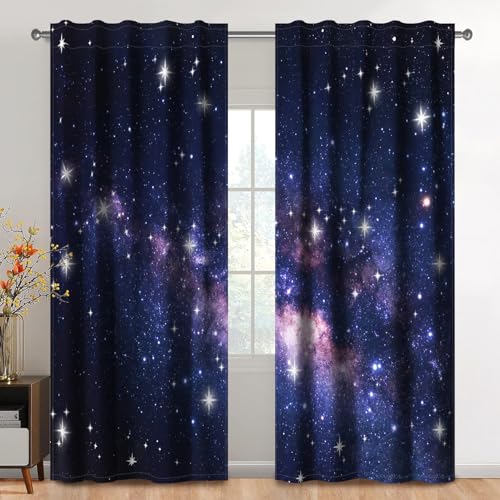 Kzzfqxb 117×138cm Sternenhimmel Vorhangset aus 2 Paneelen, Mysteriöser schwarz-lila Galaxie-Sternenhimmel Verdunkelungs Vorhang für Jungen und Mädchen, Schlafzimmer Wohnzimmer Drape Vorhänge von Kzzfqxb