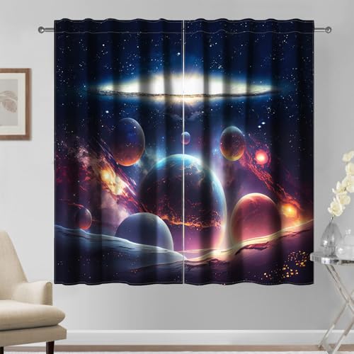 Kzzfqxb 117×138cm Weltraum Vorhänge 2 Panel, Außenraum Universum Galaxie Planeten Astrologie Dunkle vorhänge für Kinder Jungen Teenager, Wohnzimmer Schlafzimmer Gardinen von Kzzfqxb