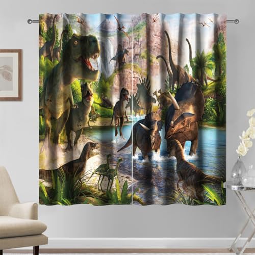 Kzzfqxb 117x138cm braune Cartoon Vorhänge 2 Paneele, Jurazeit Heimat der Dinosaurier Grüner Wald Blauer Fluss Malerei, Fantasy Spaß Dekor für Kinderzimmer, Wohnzimmer von Kzzfqxb