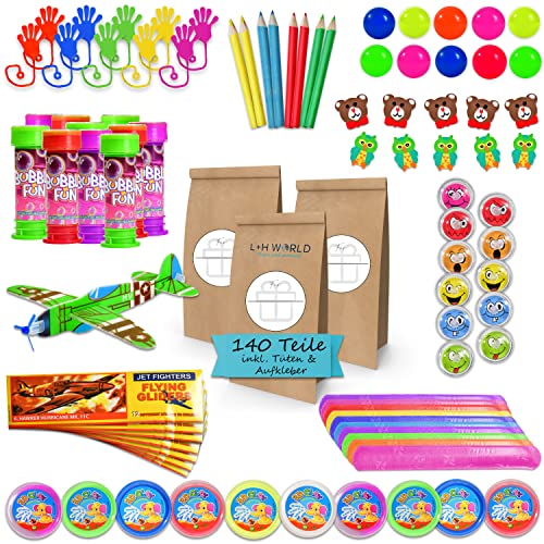 L + H WORLD Kindergeburtstag Mitgebsel Set 140 Teile inkl. Geschenktüten Mitgebseltüten, XXL , ideal für bis zu 10 Kinder, Tombola Gastgeschenke Mitbringsel Give aways Wundertüte von L + H WORLD