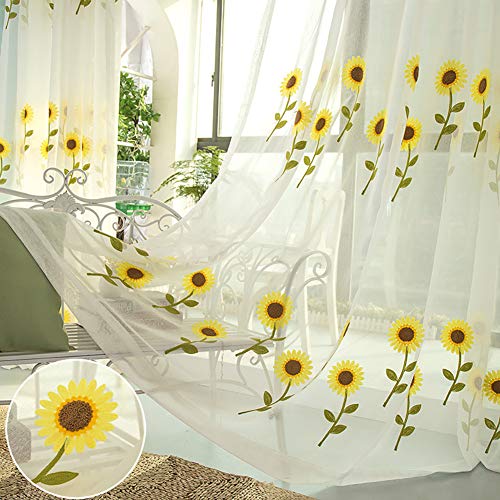 Lsimeru 2 Stück Weiß Vorhänge Durchsichtig Kinderzimmer Mädchen 225x140 Sonnenblume Blumen Muster Tüll Gardinen Vorhänge Transparent Fensterschal für Kinder Baby von Lsimeru