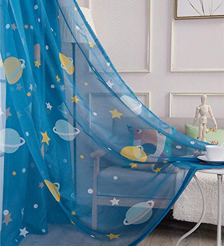 Lsimeru Blau Vorhang Transparent Kinderzimmer Junge Ösen Kurz Sterne Planet Muster Kinder Baby 2 Stücke Voile Gardinen Durchlässig für Schlafzimmer Fenster 160x140 von Lsimeru