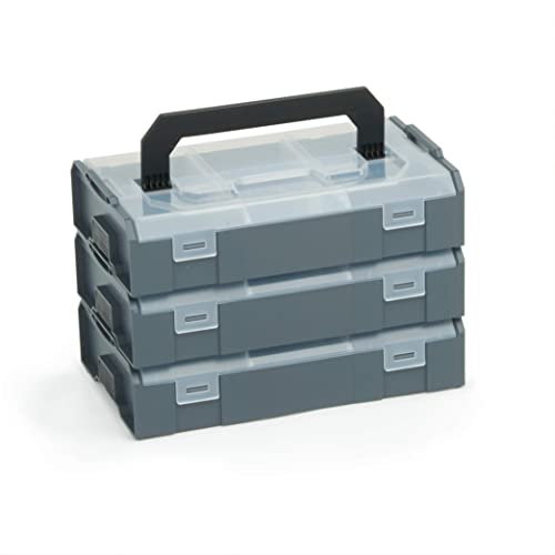 Bosch Sortimo L BOXX Mini anthrazit | 3 Stk. im Set Deckel transparent | Ideale Aufbewahrungsbox Sortierbox | Brotdose Kleinteilemagazin Alternative von L-BOXX