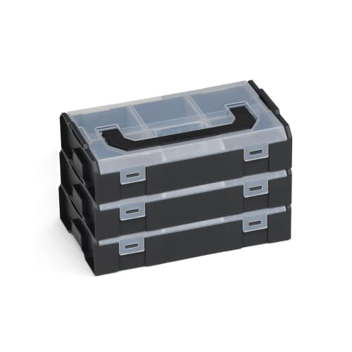 Bosch Sortimo L-BOXX mini Aufbewahrungsbox schwarz Deckel transparent 3 Stück im Set |Mini-Werkzeugkoffer |Sortimentskasten Schrauben und Dübel | Erstklassige Sortierboxen für Kleinteile von L-BOXX