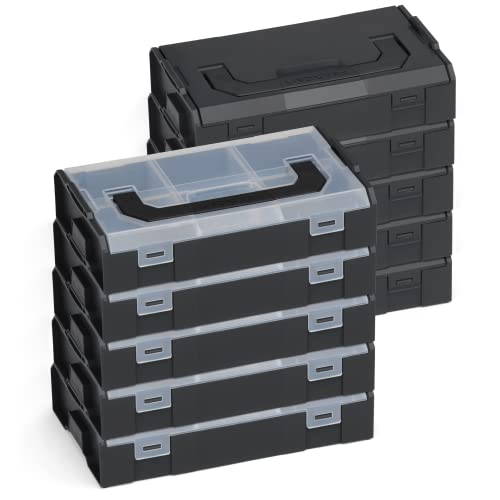 Bosch Sortimo L-Boxx Mini Kompakt-Sortierbox in schwarz 10 Stück | je 10 schwarze L-BOXX Mini mit transparentem und schwarzem Deckel | L-BOXX ready & stapelbar Mini-Werkzeugkoffer von L-BOXX