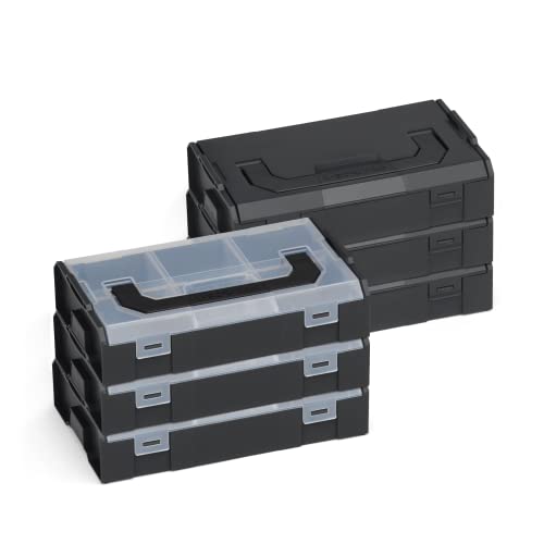 L-BBOXX-Mini Kompakt-Sortierbox in schwarz 6 Stück | je 3 schwarze L-BOXX mini mit transparentem und schwarzem Deckel | L-BOXX ready & stapelbar Mini-Werkzeugkoffer von L-BOXX